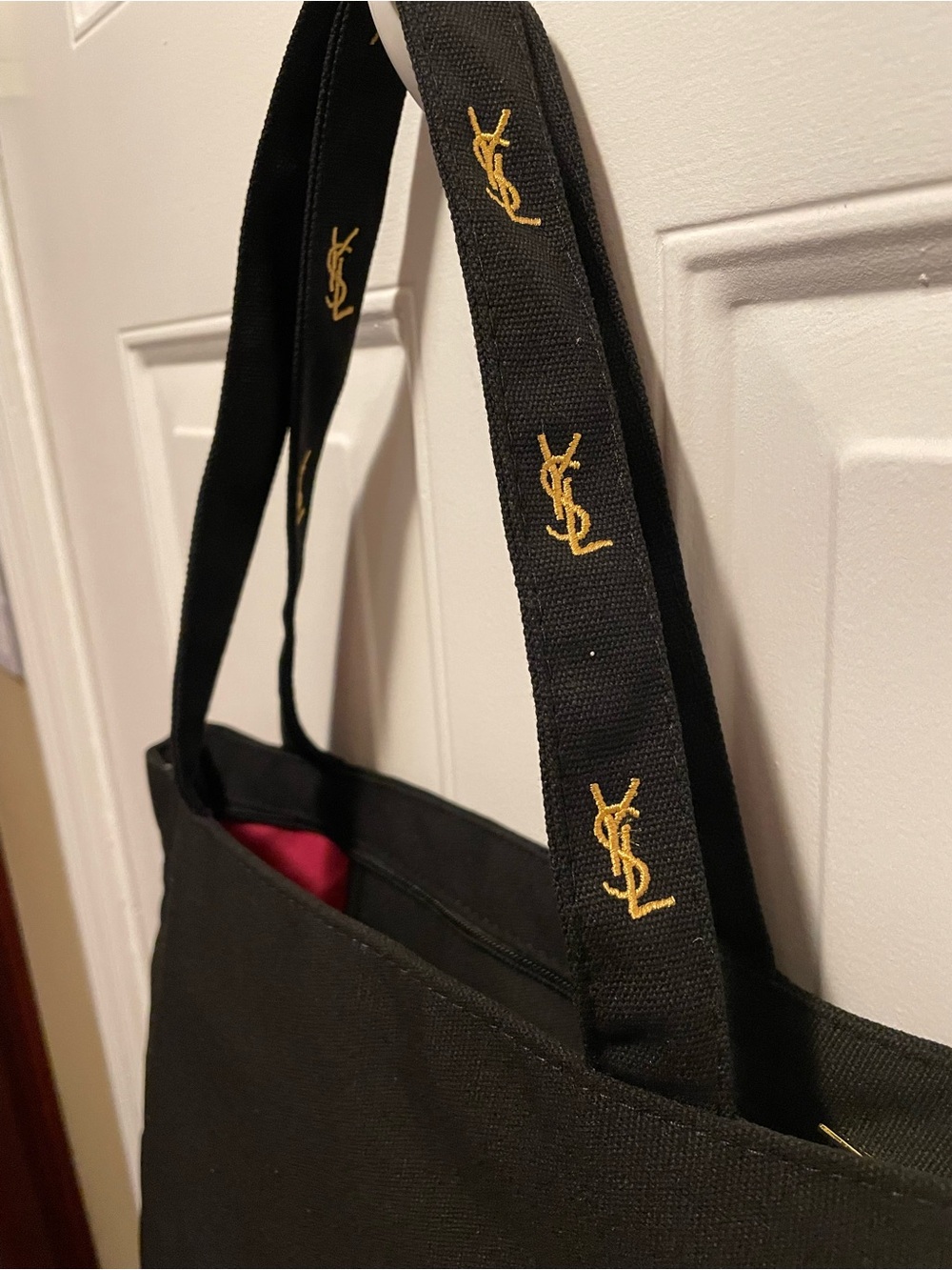 YSL design Black Canvas Tote Bag with Gold embroidered Logo - Picture 3 of 7